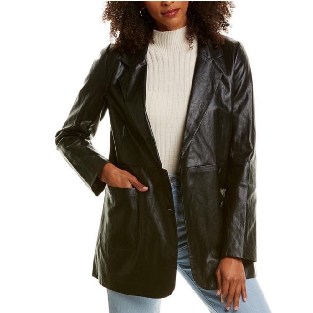 Line & Dot River Vegan Faux Leather Longline Blazer Jacket Size Small Black